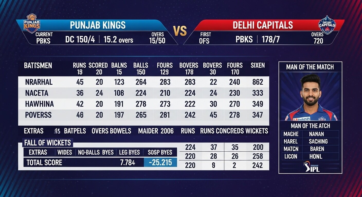 Punjab Kings vs Delhi Capitals Match 2 Sample Punjab Kings vs Delhi Capitals Match Scorecard Breakdown